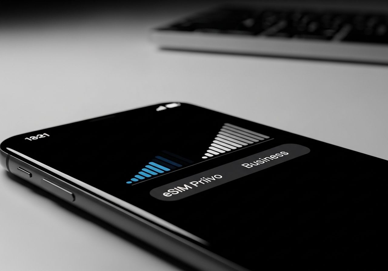 Ein Smartphone-Display zeigt zwei aktive Netzwerksignale für eSIM Dual-SIM, um private und geschäftliche Tarife einfach zu trennen.