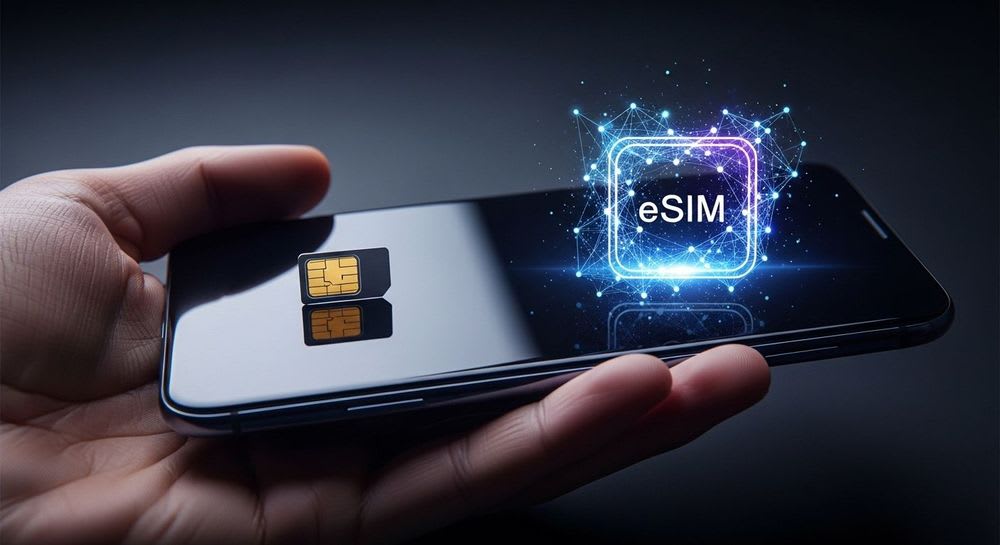 Modernes Smartphone mit physischer SIM und digitalem Symbol, das die Vorteile der eSIM Dual-SIM-Technologie einfach erklärt.