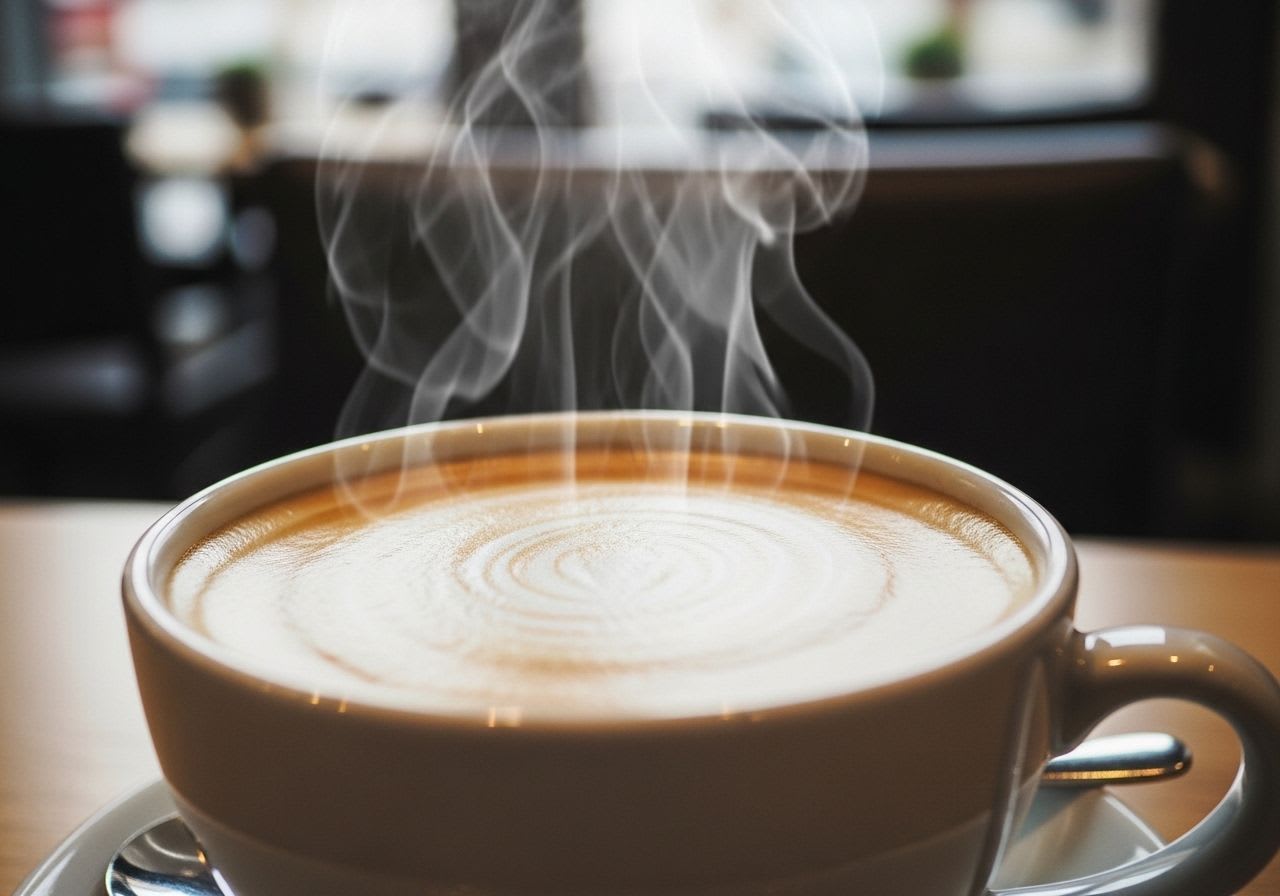 Die Zubereitung eines perfekten Milchkaffees: Eine dampfende Tasse Café au Lait mit cremiger Textur in einem gemütlichen Café.