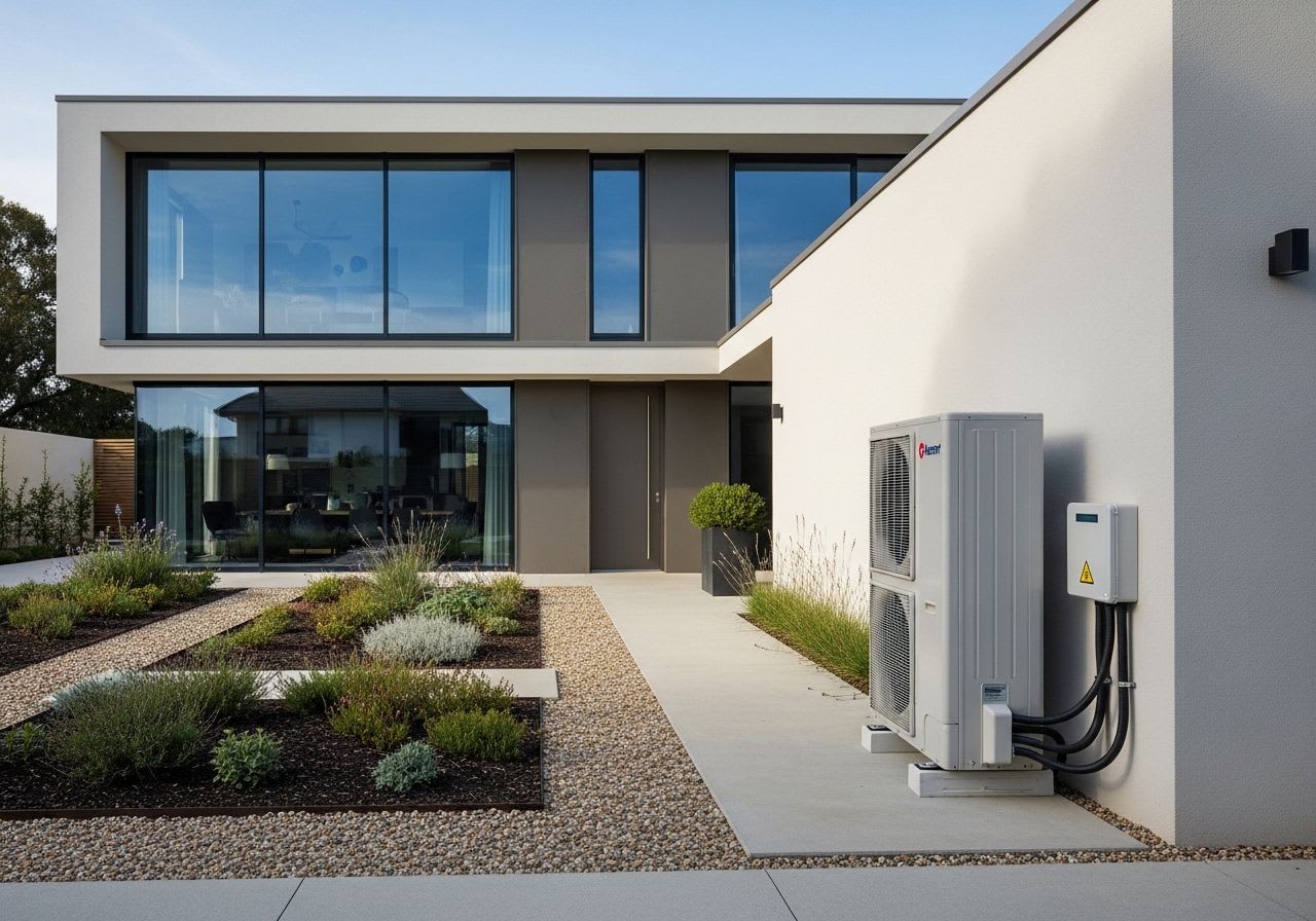 Moderne Luft-Wasser-Wärmepumpe vor einem energieeffizienten Haus, die Funktionsweise der Wärmepumpe im Überblick.