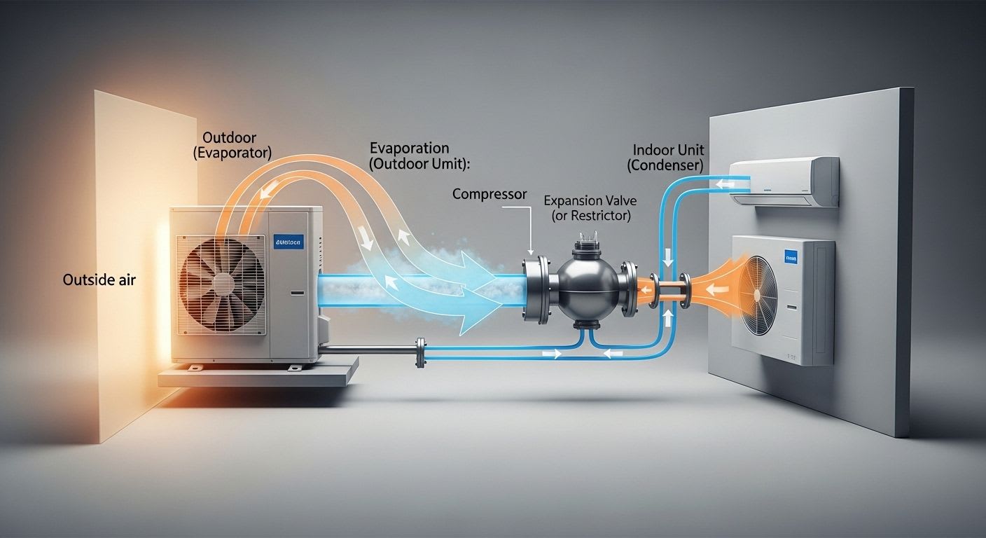 Infografik zur Wärmepumpe Funktionsweise: Darstellung des Kältemittelkreislaufs mit Verdampfer, Kompressor und Verflüssiger.