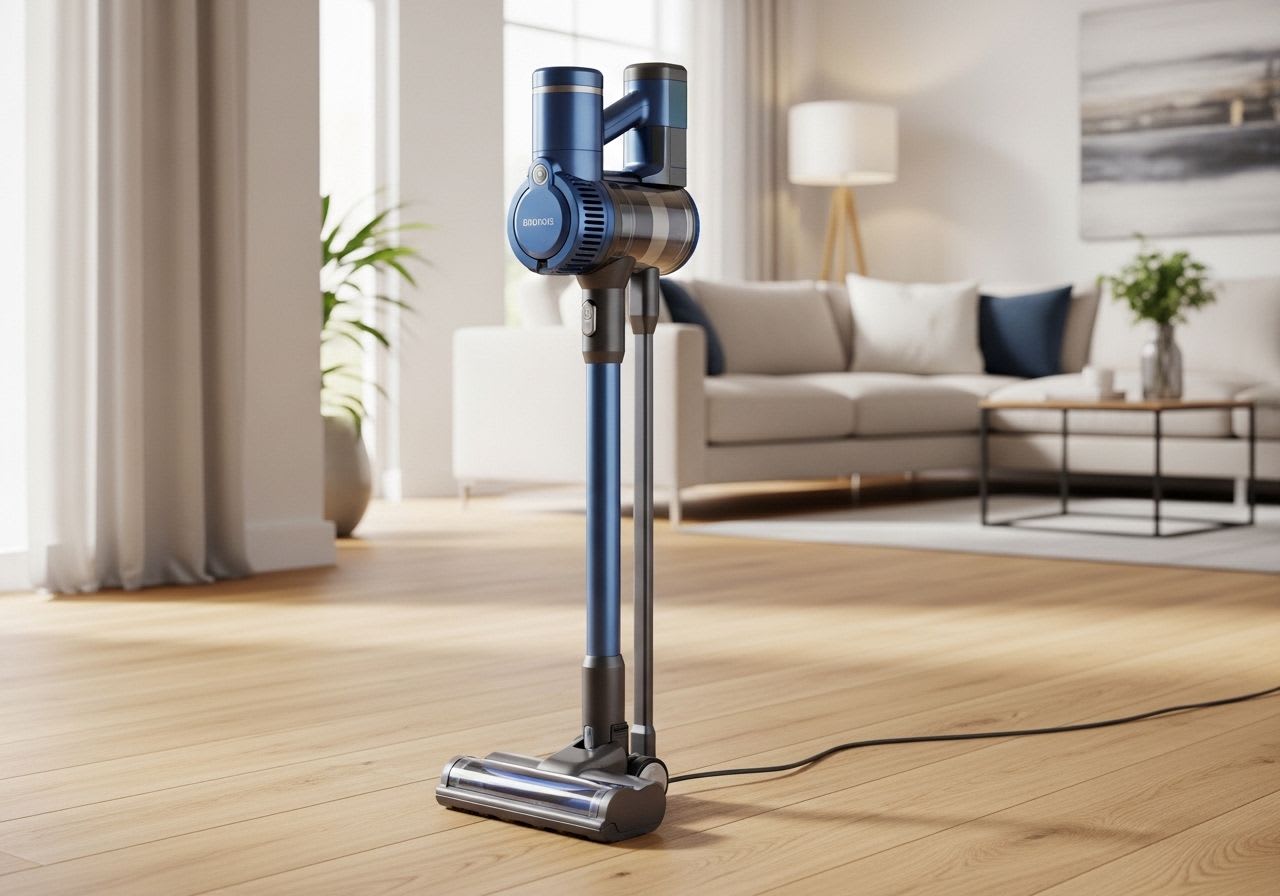 Ein moderner AEG Staubsauger kabellos steht elegant auf einem hellen Holzboden und symbolisiert die Freiheit beim Reinigen.