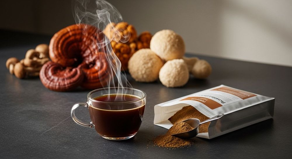 Ein Guide zu Mushroom Coffee: Eine dampfende Tasse Kaffee mit Pilz auf einer Schieferplatte, umgeben von Vitalpilz-Extrakten.