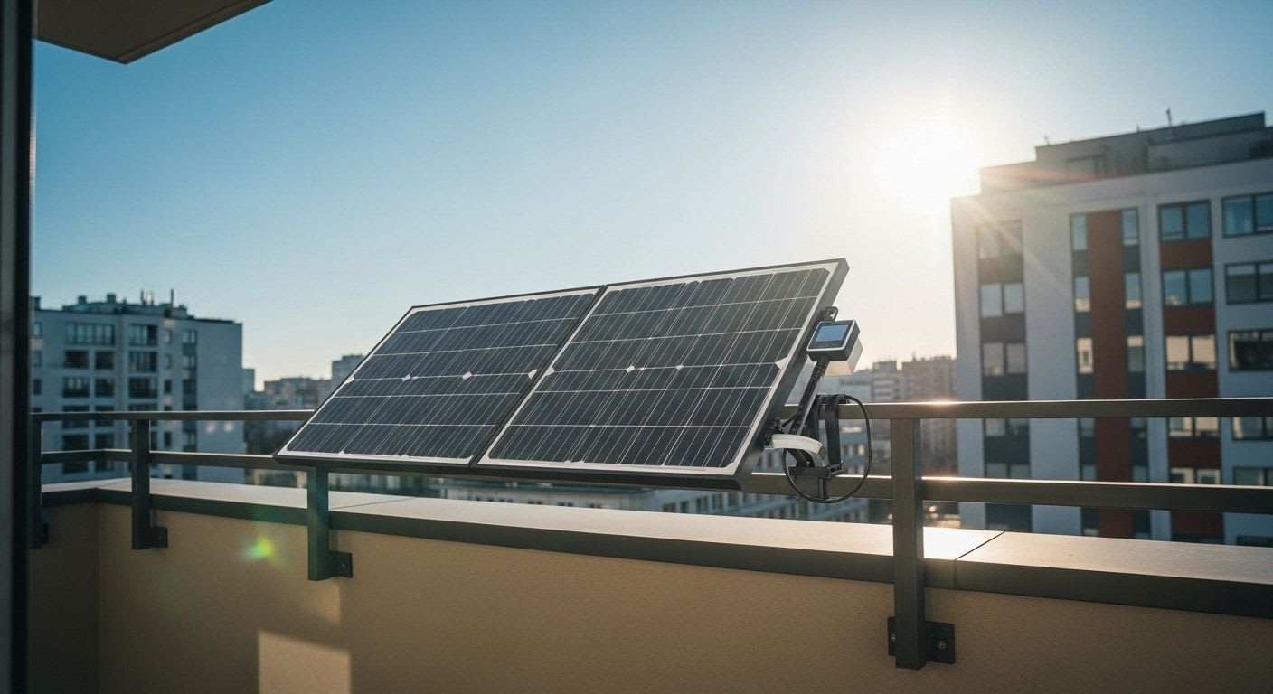 Ein modernes Solarmodul am Balkongeländer, das die Pflicht zum Balkonkraftwerk anmelden nach einfacher Anleitung verdeutlicht.