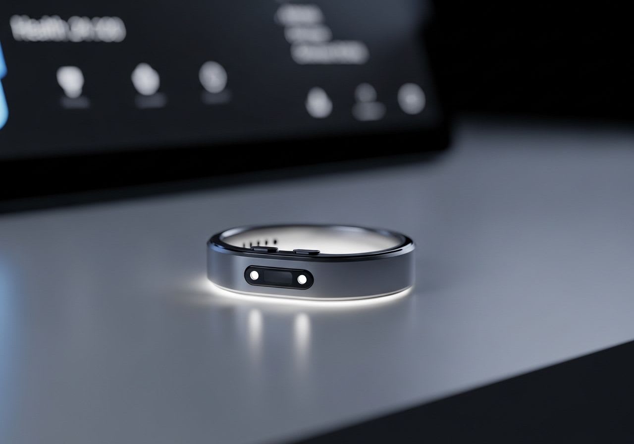 Der Samsung Smart Ring als innovatives Wearable in Nahaufnahme, das elegante Design und die Sensoren des Gesundheits-Trackers betonend.