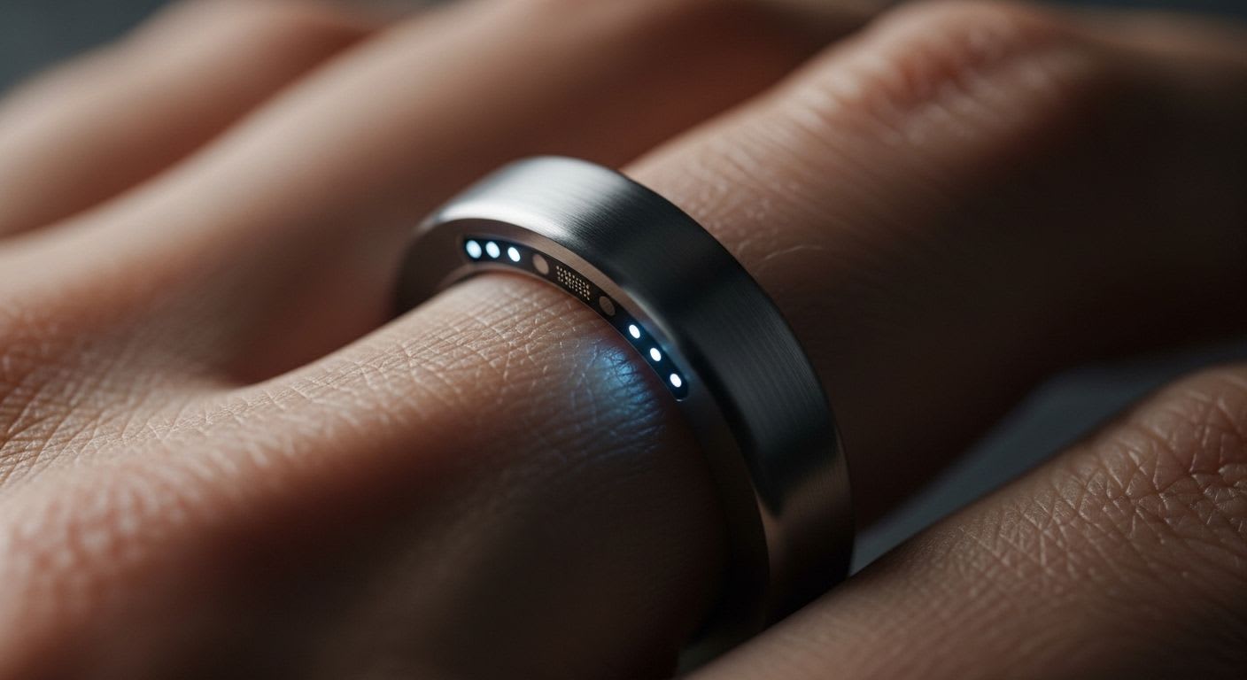 Nahaufnahme einer Hand, die den Samsung Smart Ring trägt, um das minimalistische Design und das sanfte Leuchten der internen Sensoren zu zeigen.