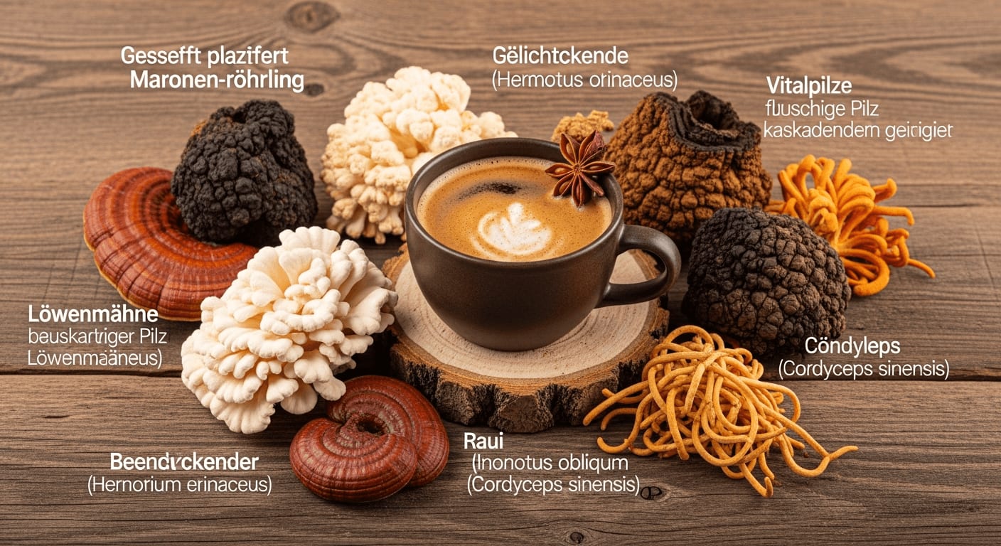 Tasse mit Kaffee mit Pilz neben Vitalpilzen wie Löwenmähne und Chaga als Guide zum Mushroom Coffee.