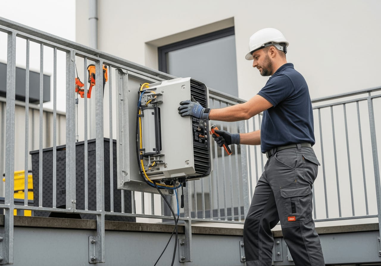 Ein Techniker prüft die Sicherheit der Anlage; ein wichtiger Schritt, bevor man sein Balkonkraftwerk anmelden kann. | Foto: Benjamin Jopen