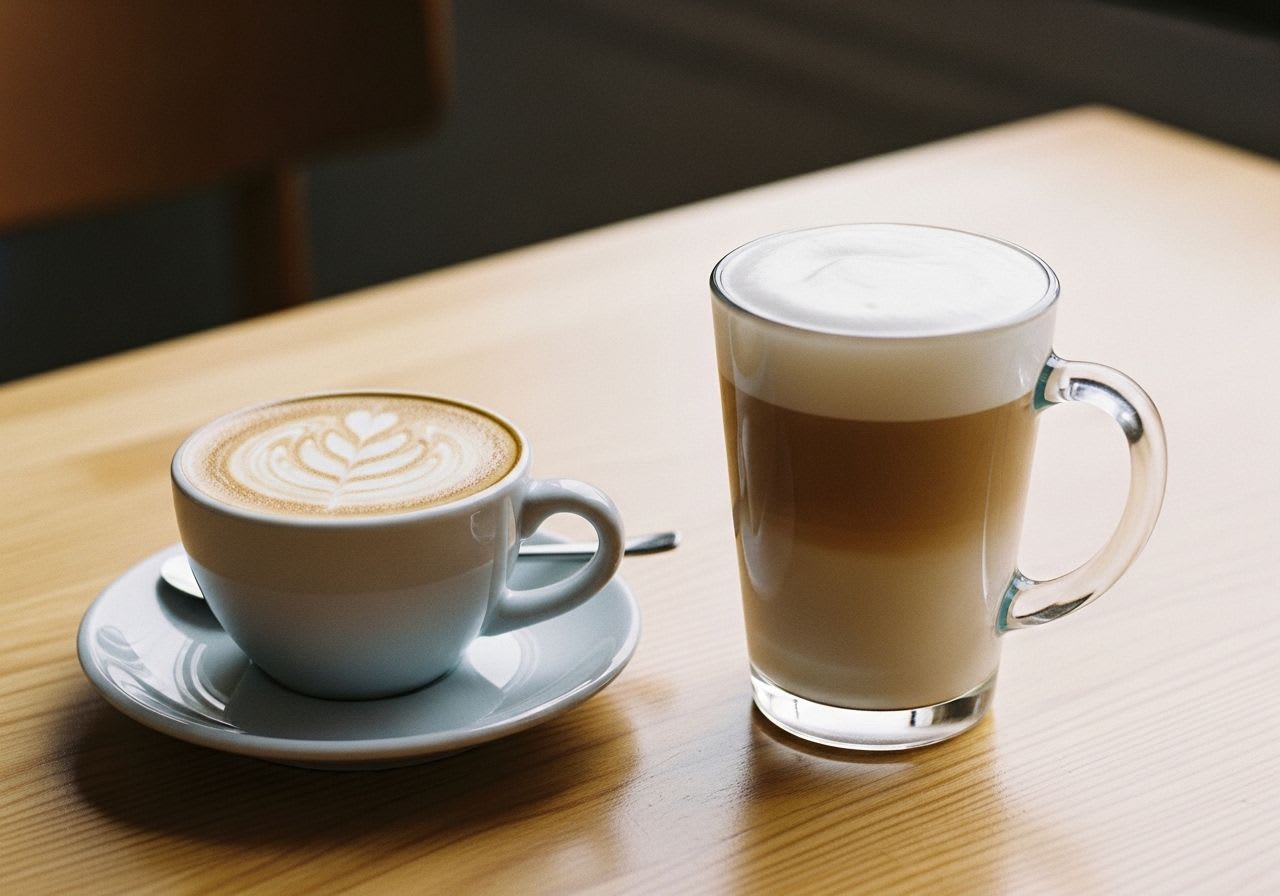 Der Unterschied zwischen Cappuccino und Milchkaffee auf einen Blick: eine kleine Tasse Cappuccino neben einem großen Glas Milchkaffee.