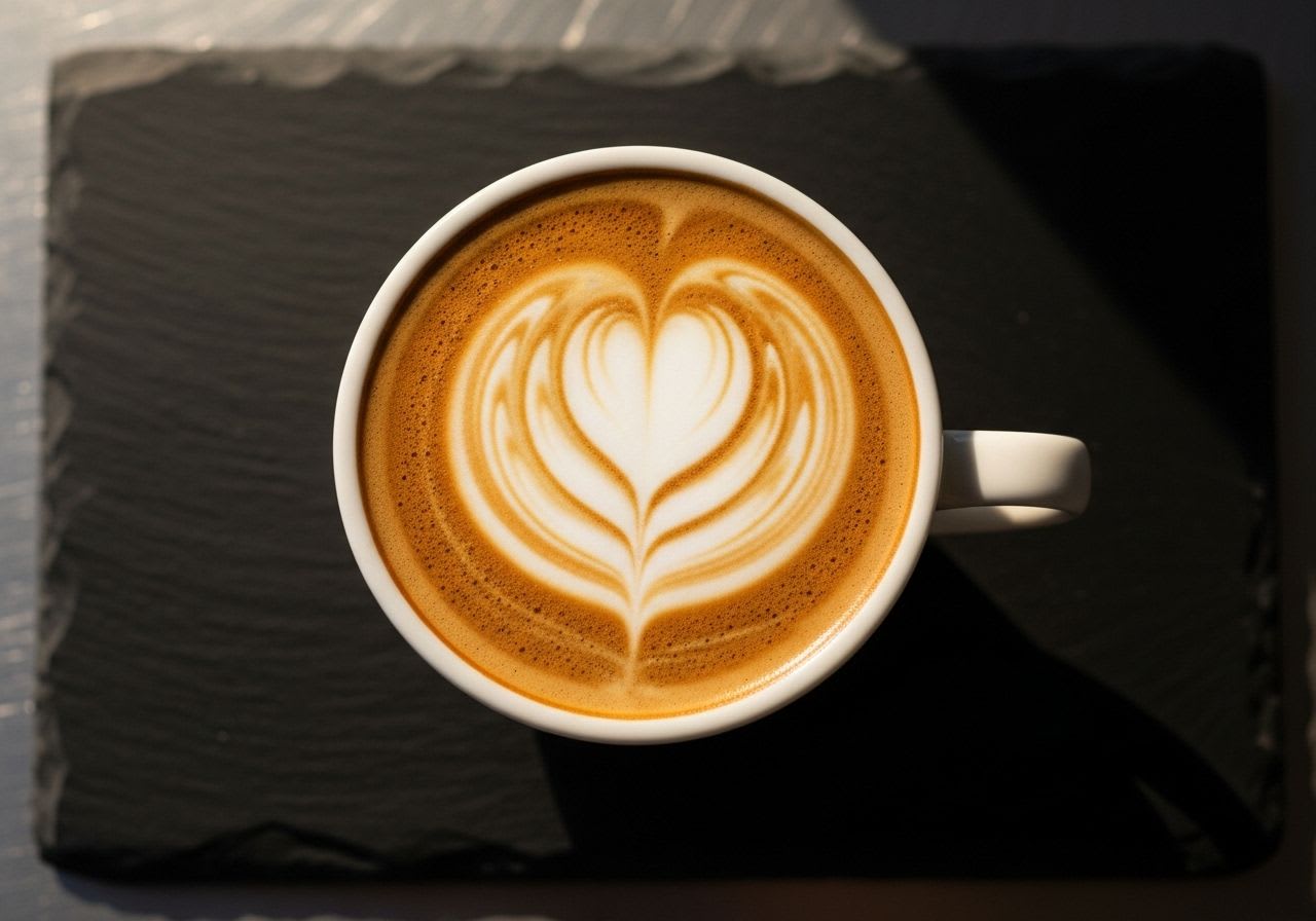 Ein klassischer Cappuccino mit Herz-Latte-Art als Beispiel für eine Kaffee-Milch-Kreation, die den Unterschied zum Milchkaffee betont.