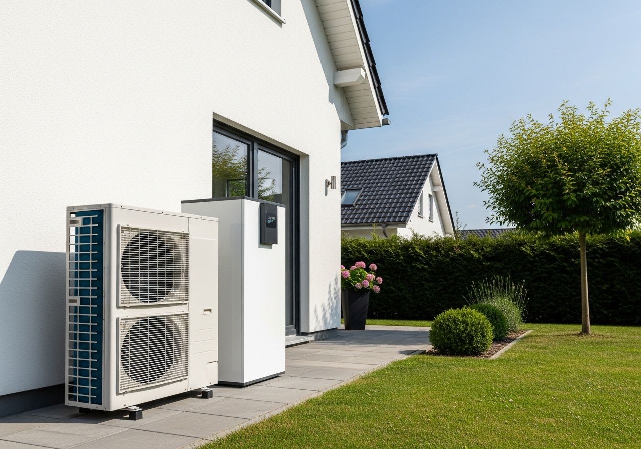 Die Vorteile einer Wärmepumpe: Moderne Außeneinheit an einem energieeffizienten Haus für nachhaltiges Heizen.