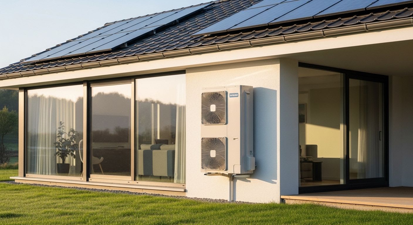 Die wichtigsten Wärmepumpe Vorteile für Effizienz und Umwelt, dargestellt durch eine Anlage an einem modernen Haus mit Photovoltaik.