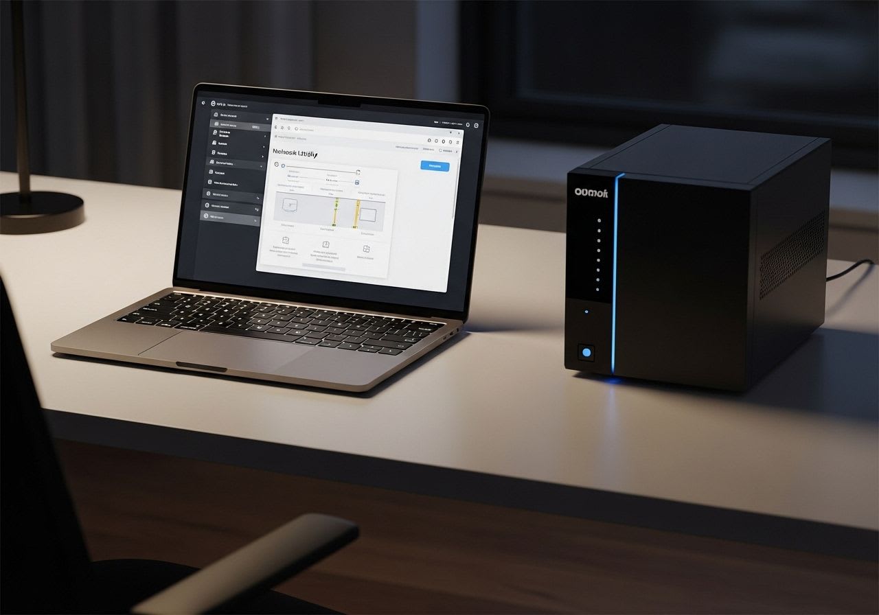 Ein Laptop mit der QNAP Qfinder Pro Software neben einem NAS-Server, der die einfache Netzwerkverwaltung symbolisiert.
