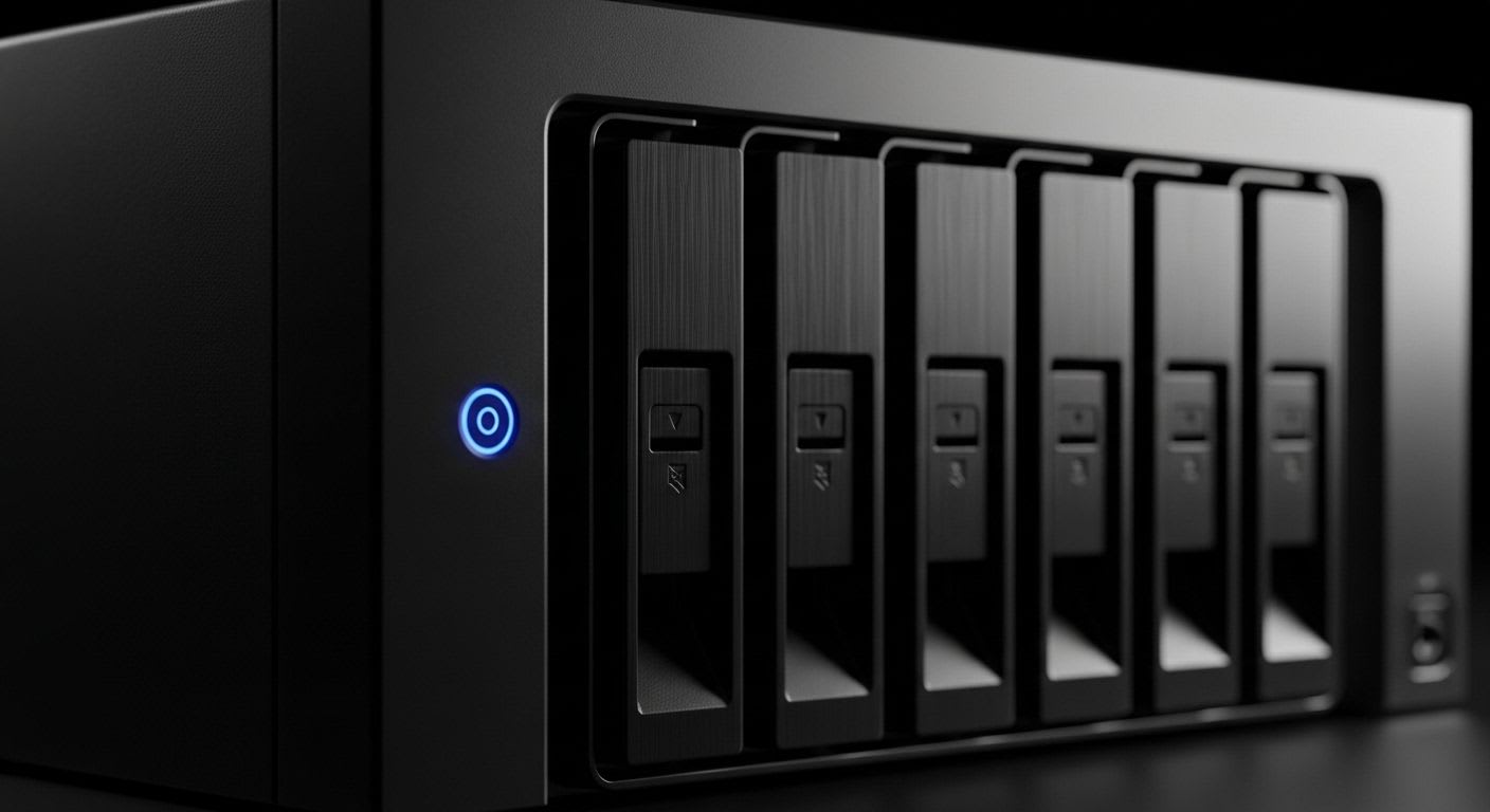 Nahaufnahme eines QNAP NAS-Servers mit aktiven Statusleuchten als Symbol für die zentrale Datenverwaltung mit QNAP Qfinder Pro.
