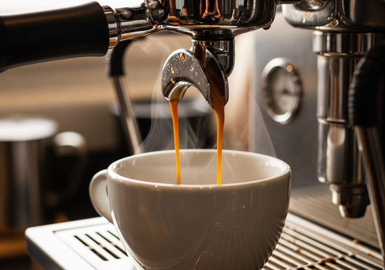 Ein perfekter Espresso wird zubereitet, wobei der dunkle Kaffee mit goldbrauner Crema in eine Tasse fließt.