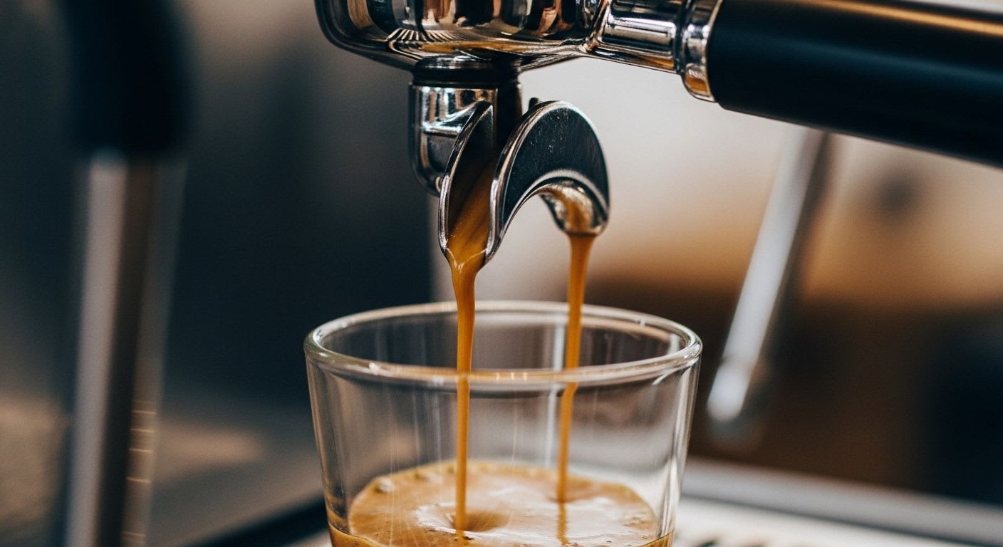 Die Kunst der Espresso Zubereitung: Ein perfekter Espresso-Shot fließt gleichmäßig aus einem Siebträger.