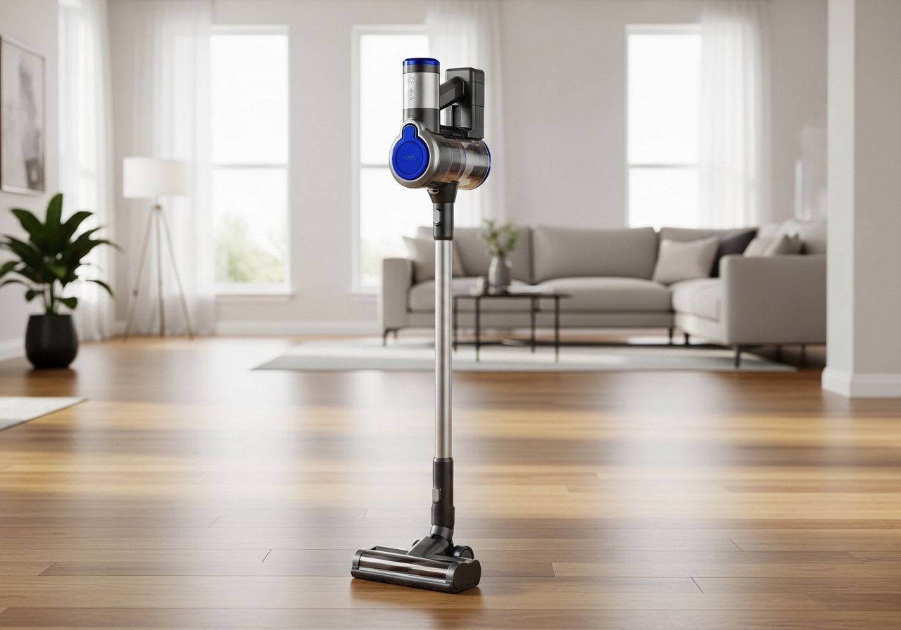 Ein moderner Philips Staubsauger kabellos steht elegant in einem hellen Wohnzimmer und symbolisiert Reinigungsfreiheit und Power.
