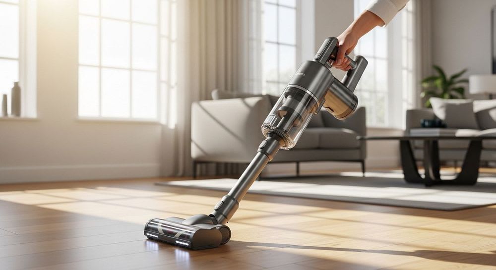 Ein leistungsstarker Philips Staubsauger kabellos gleitet mühelos über einen sonnendurchfluteten Hartholzboden im Wohnzimmer.