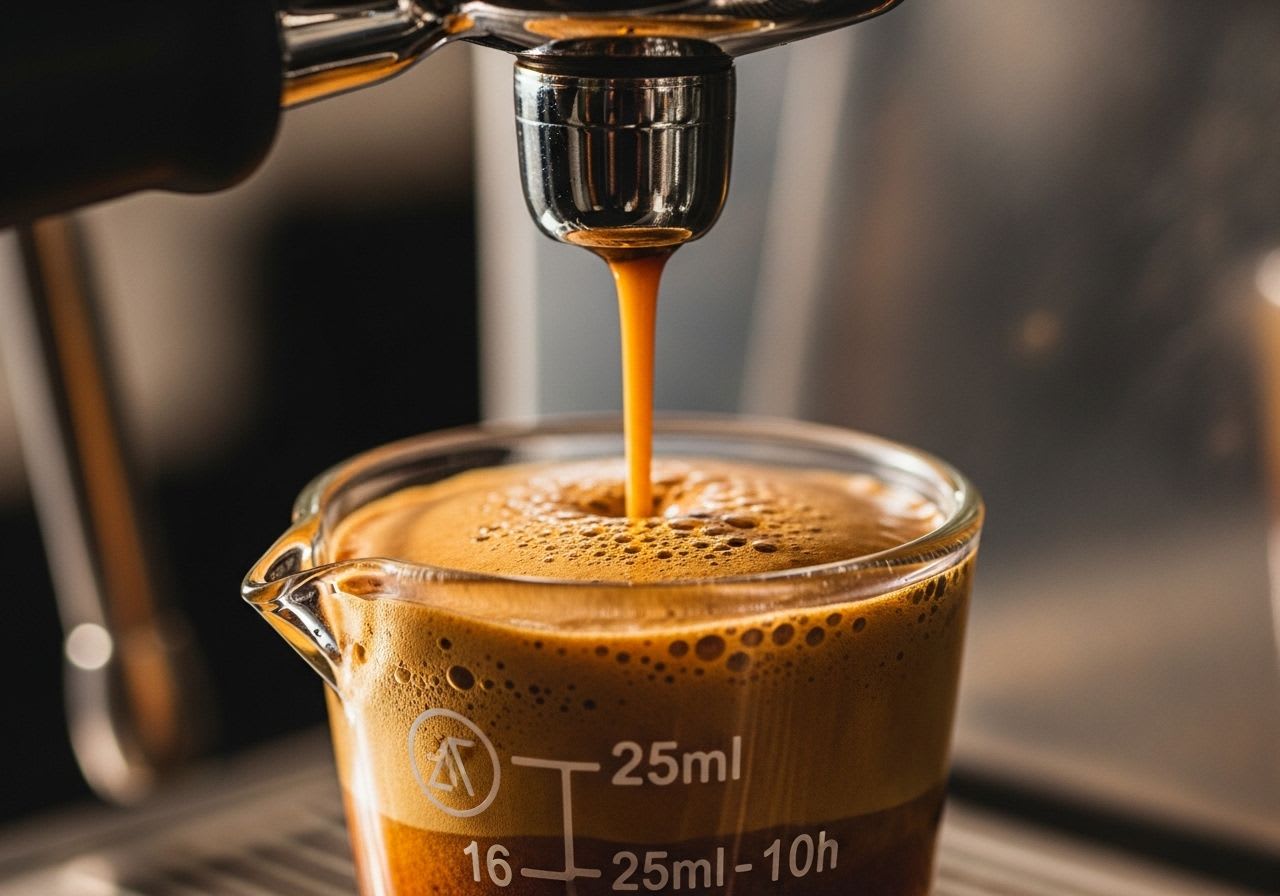 Ein Espresso läuft in ein Messglas, um zu zeigen, wieviel ml für den perfekten Geschmack ideal sind.