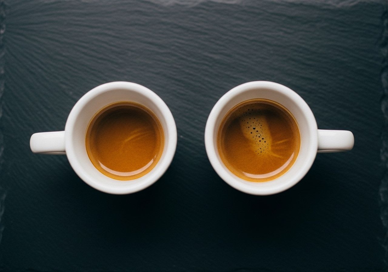 Vergleich von Espresso-Mengen: Eine Tasse mit einem einfachen und eine mit einem doppelten Espresso nebeneinander.
