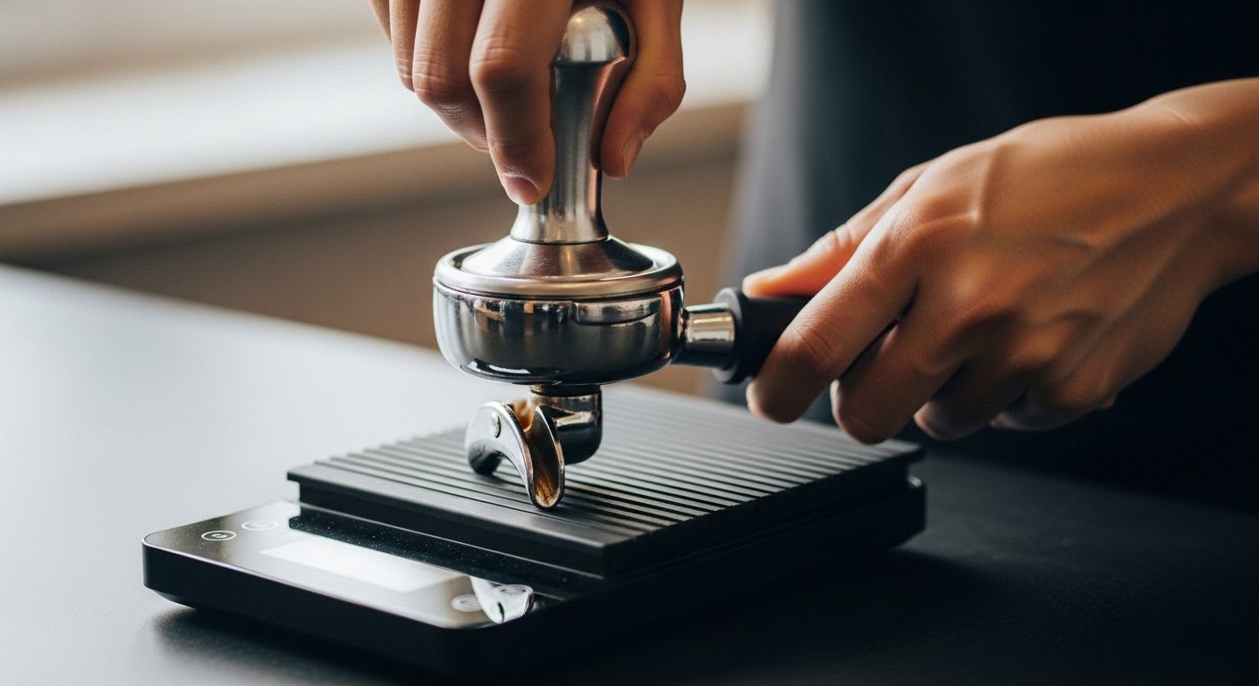 Die perfekte Espresso-Menge in ml beginnt mit dem genauen Abwiegen des Kaffeepulvers auf einer Waage.