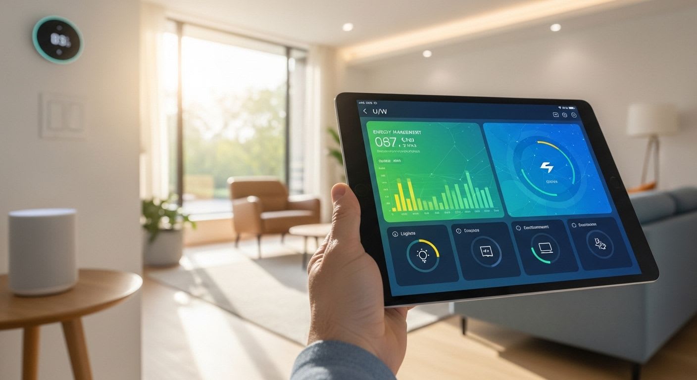 Hand bedient eine Energie-App auf einem Tablet, um Energiekosten zu senken, im Hintergrund ein modernes, helles Wohnzimmer.