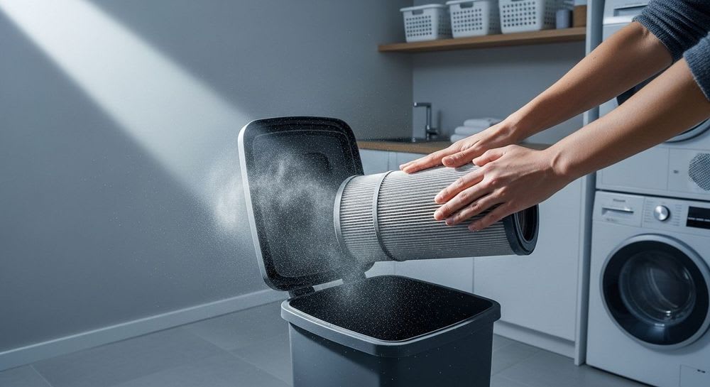 Eine Person klopft Staub aus einem Filter, um den Bosch Sensor Control Filter zu reinigen und die Saugleistung zu verbessern.
