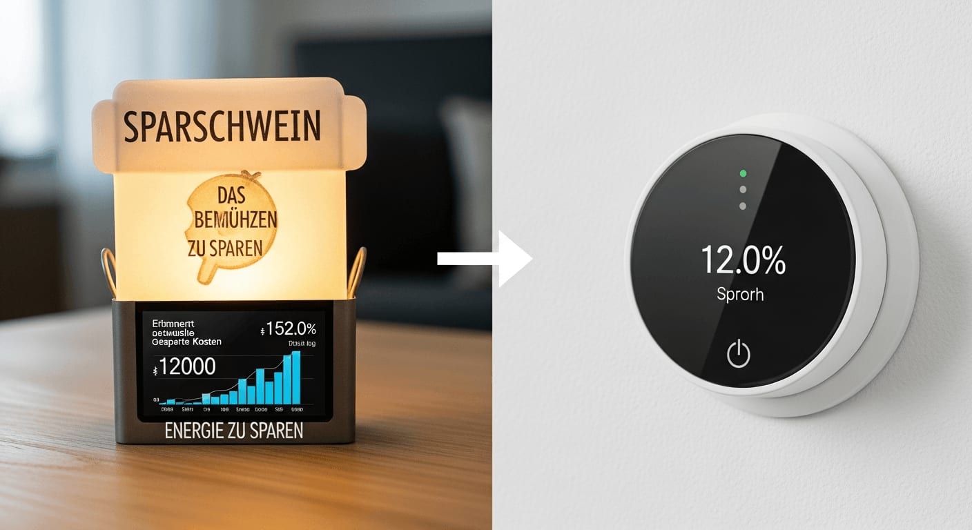 Ein leuchtendes Sparschwein neben einem smarten Thermostat, um die Energiekosten im Haushalt effektiv zu senken.