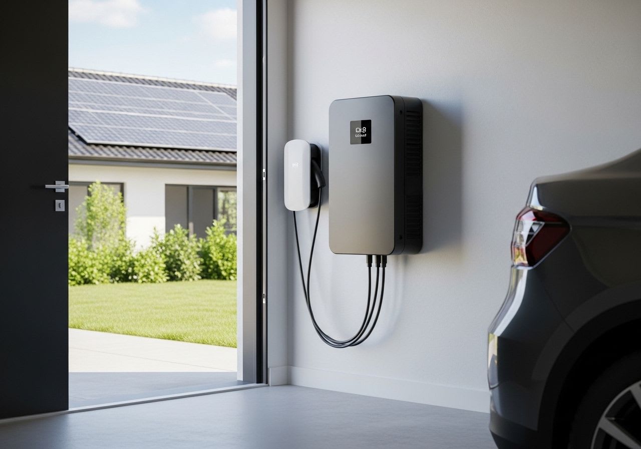 Modernen Stromspeicher nachrüsten in einer Garage, neben einer Wallbox, mit Solaranlage auf dem Dach im Hintergrund.