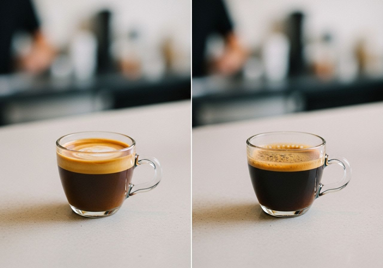 Visueller Vergleich zwischen einem perfekten und einem bitteren Espresso, der die Ursachen für Überextraktion aufzeigt.