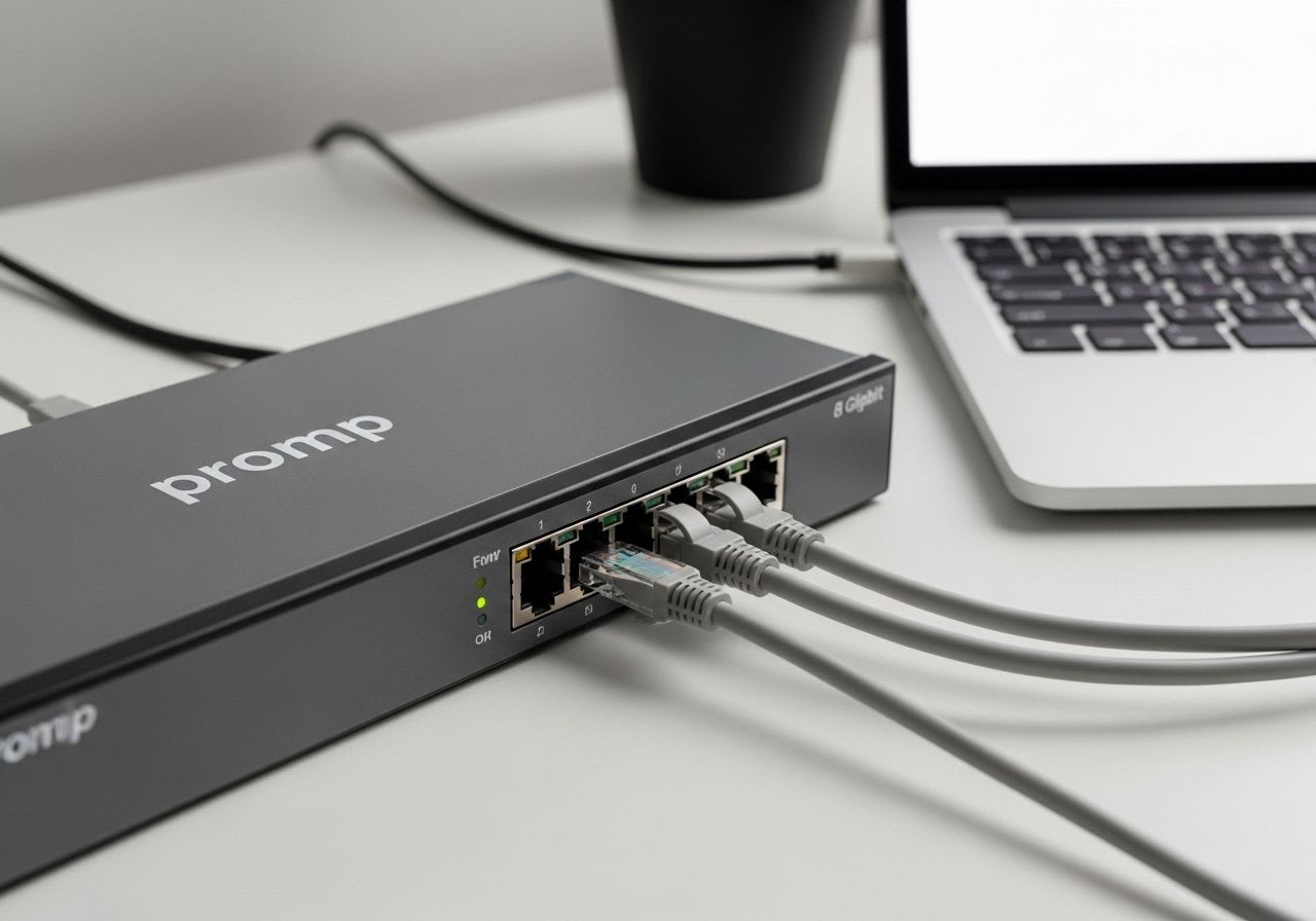 Ein moderner Netzwerk Switch als LAN-Verteiler auf einem Schreibtisch, der Geräte im Heimnetzwerk per Kabel verbindet.