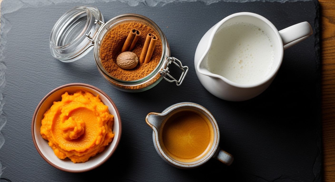 Die Zutaten für unser Pumpkin Spice Latte Rezept: Espresso, Kürbispüree, Milch und eine herbstliche Gewürzmischung.