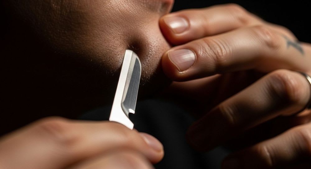 Eine scharfe Dermaplaning-Klinge wird nah an die Gesichtshaut gehalten, um die Risiken und Dermaplaning Nachteile zu verdeutlichen.