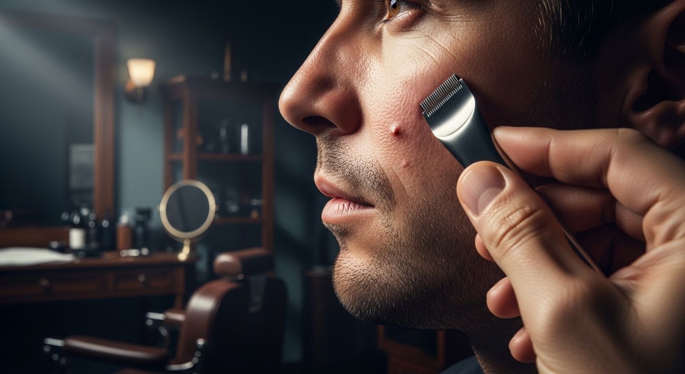 Dermaplaning-Rasierer in der Nähe von Gesichtshaut mit Rötungen, was die Dermaplaning Nachteile bei empfindlicher Haut illustriert.