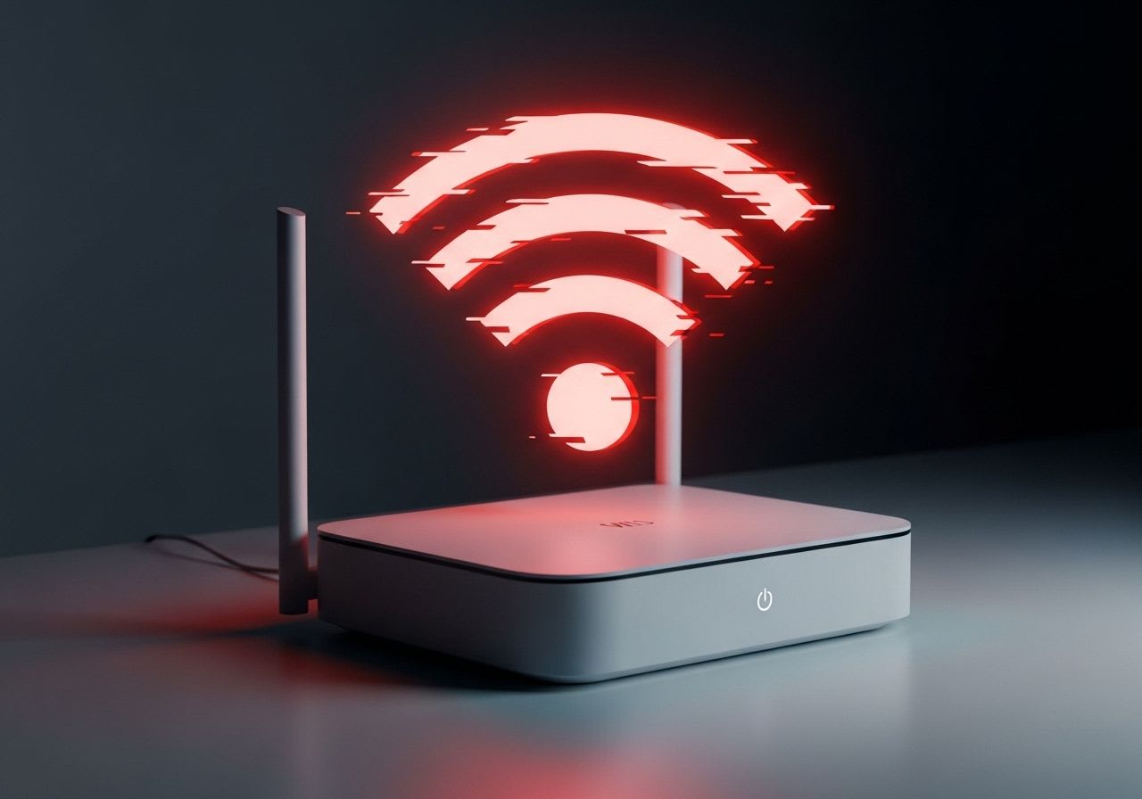 Ein stilisiertes, rot leuchtendes WLAN-Symbol über einem Router als Sinnbild für plötzlich schlechtes WLAN und dessen Lösungen.