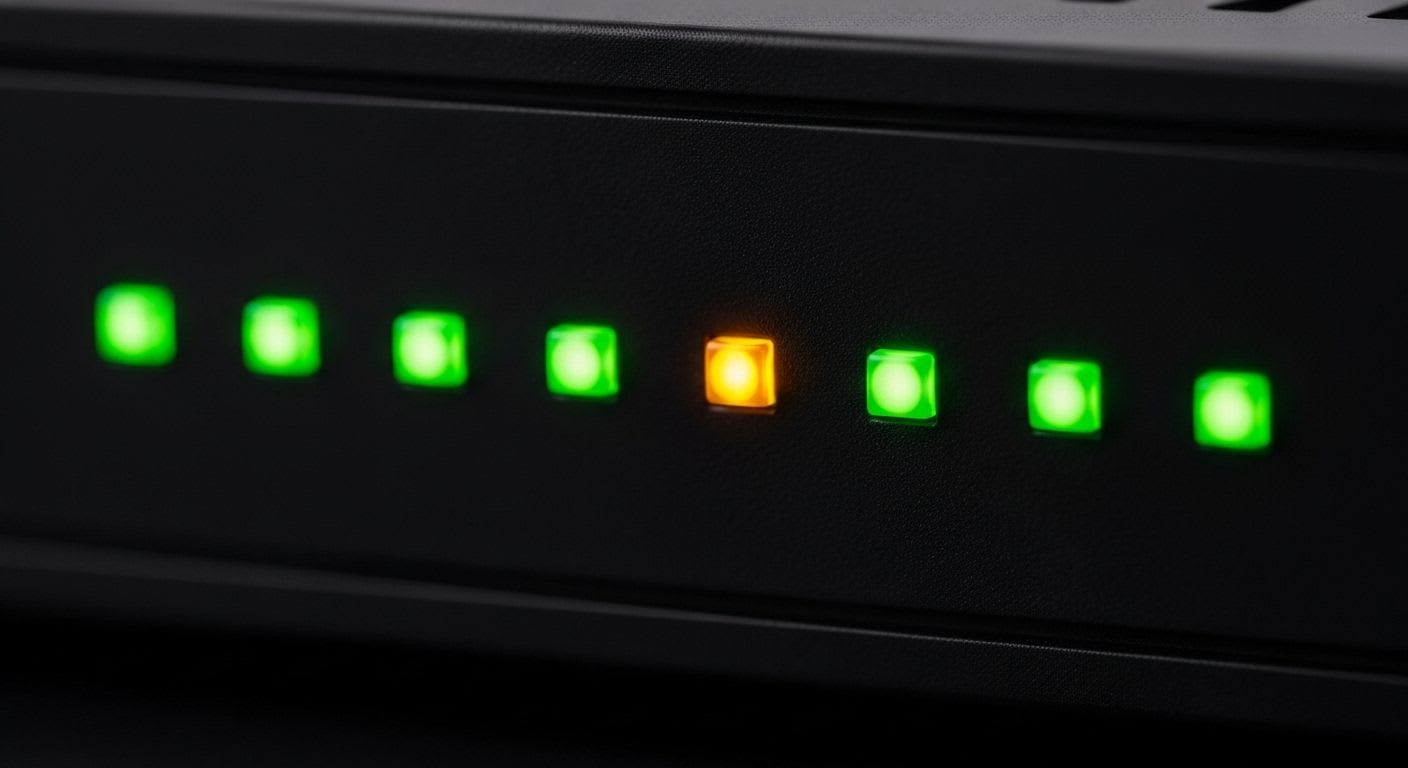 Nahaufnahme der Status-LEDs eines WLAN-Routers, die ein Problem signalisieren und auf schlechtes WLAN hindeuten.
