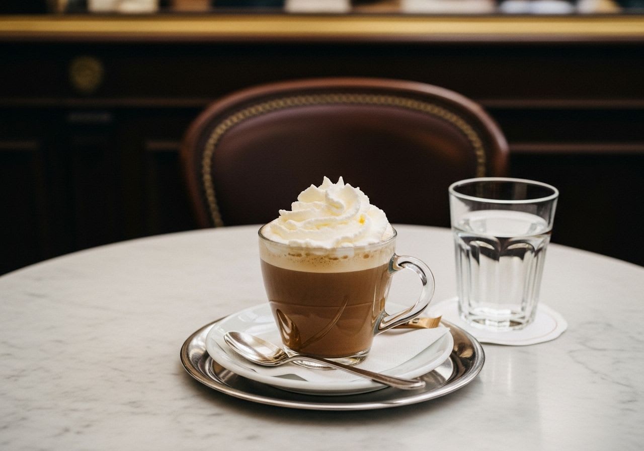 Eine traditionelle Wiener Melange als Symbol für österreichischen Milchkaffee, serviert auf einem Marmortisch in einem Kaffeehaus.