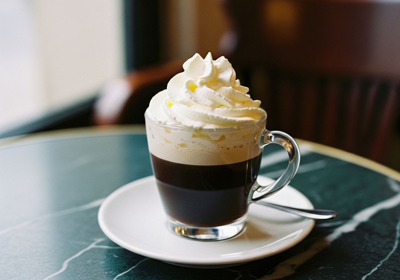 Nahaufnahme einer perfekt zubereiteten Wiener Melange, ein klassischer österreichischer Milchkaffee mit Schlagobers.