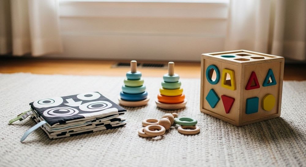 Meilensteine im ersten Lebensjahr: Eine Tabelle der Entwicklung mit symbolischem Spielzeug in einem hellen, freundlichen Kinderzimmer.