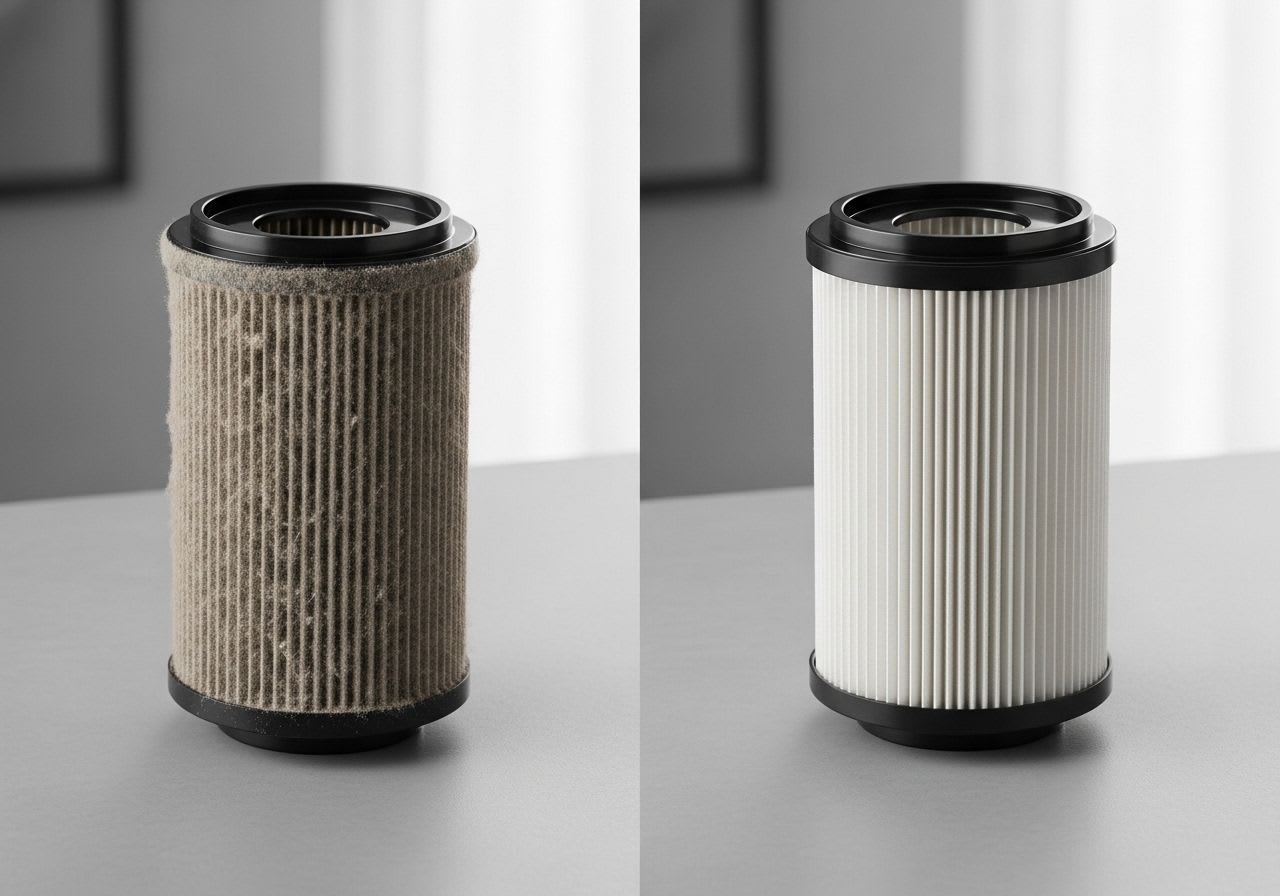 Anleitung zum Staubsauger-Filter waschen mit einem Vorher-Nachher-Vergleich eines schmutzigen und eines sauberen Filters.