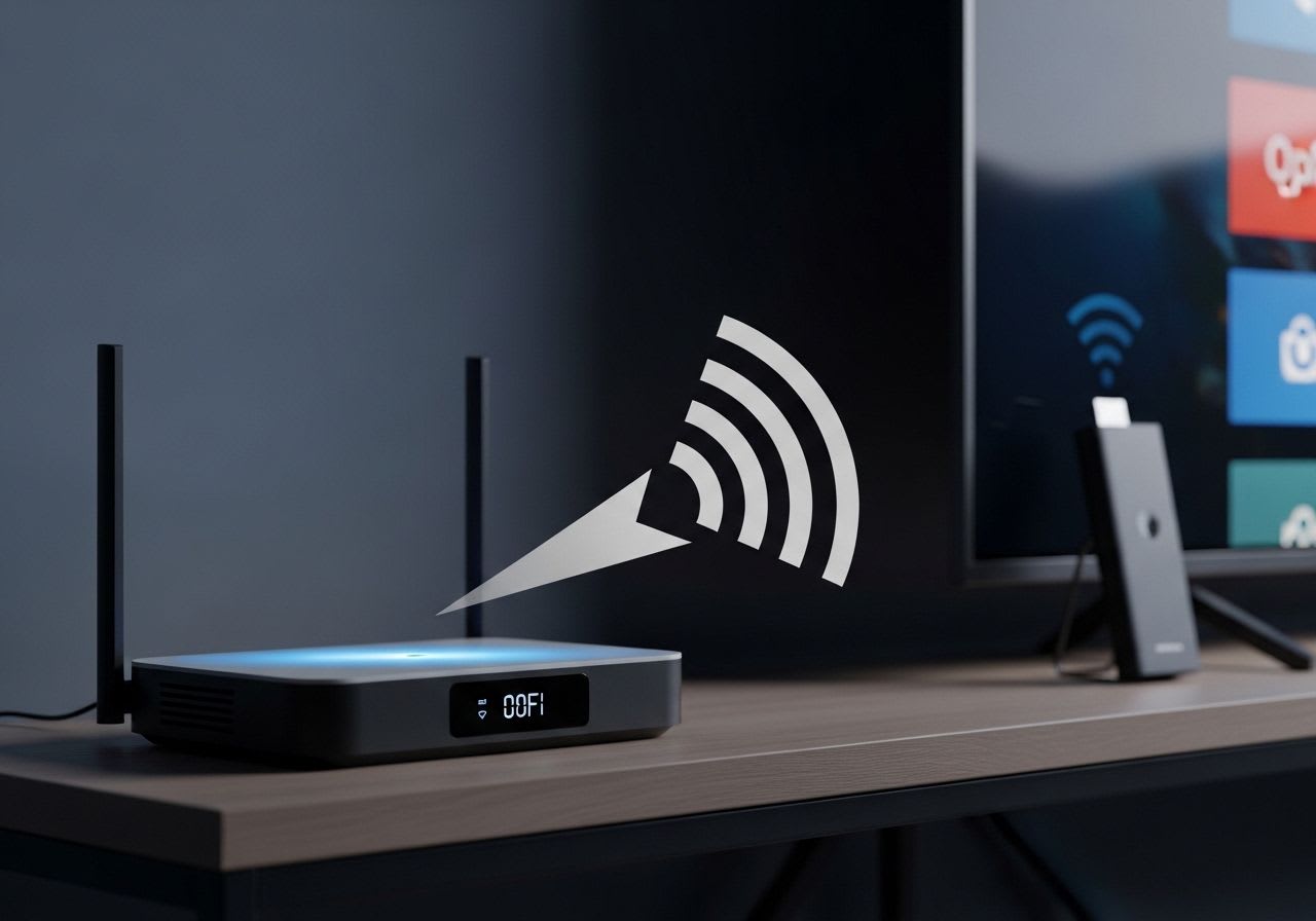 Ein moderner WLAN-Router mit einem starken Signalsymbol, um das Fire TV Stick WLAN für besseren Empfang zu verbessern.