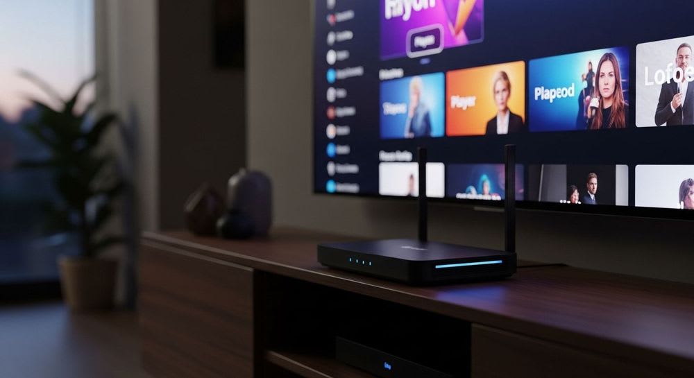 Leistungsstarker WLAN-Router vor einem Fernseher für Top-Empfang, um das Fire TV Stick WLAN nachhaltig zu verbessern.