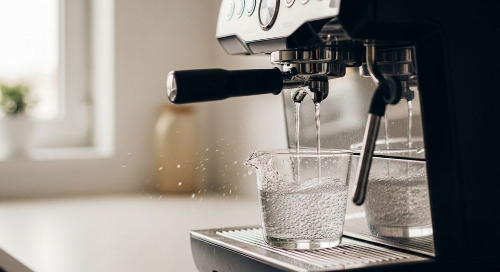 Ein Philips Kaffeevollautomat startet das Reinigungsprogramm, bei dem sauberes Wasser aus den Düsen in einen Behälter gespült wird.