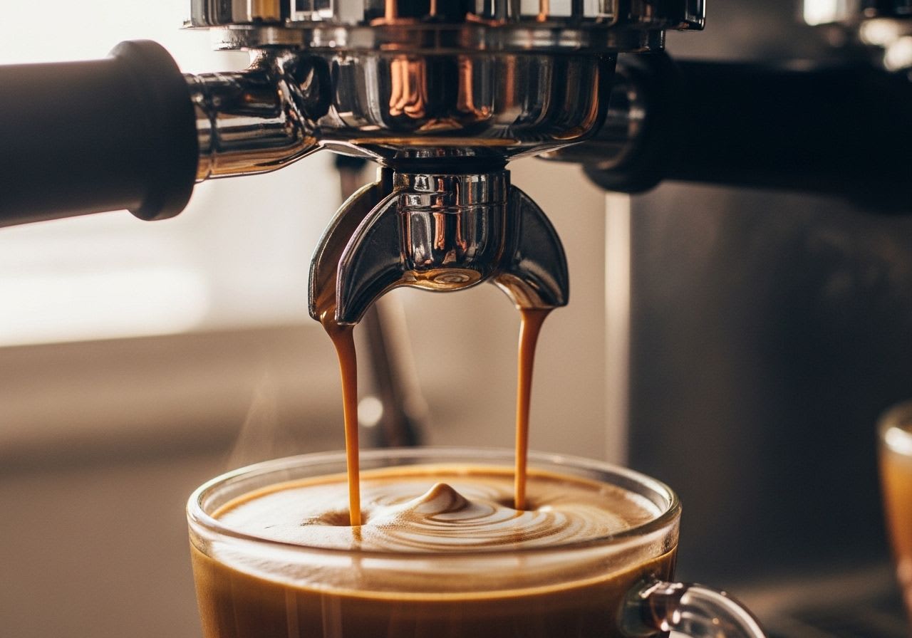 Ein perfekter Espresso-Shot fließt aus dem Siebträger in eine Tasse, was die ideale Espresso Durchlaufzeit von 20-30 Sekunden illustriert.