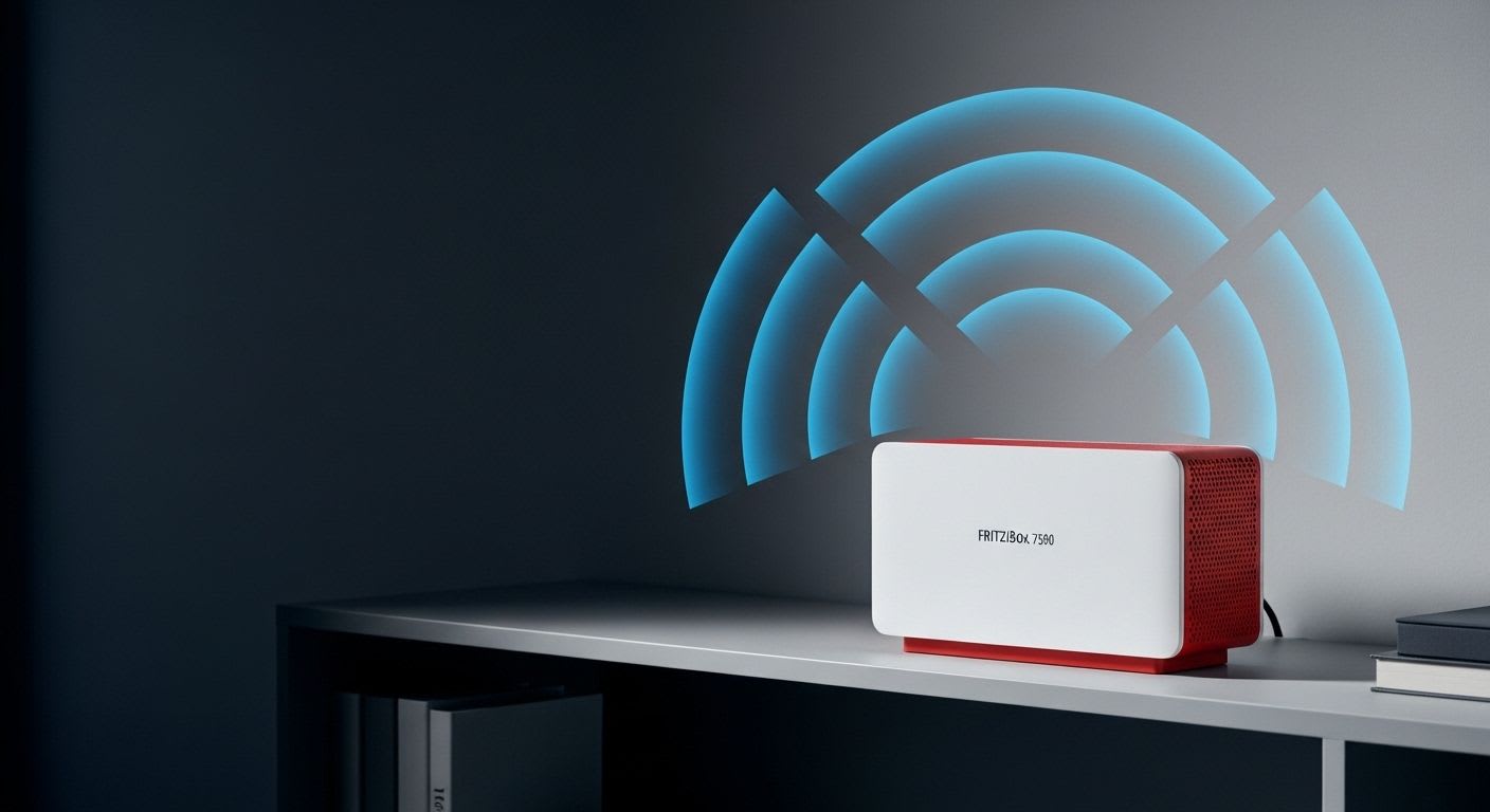 Eine FRITZ!Box 7590, deren WLAN Reichweite optimiert wurde, sendet starke Signale durch ein modernes Wohnzimmer.