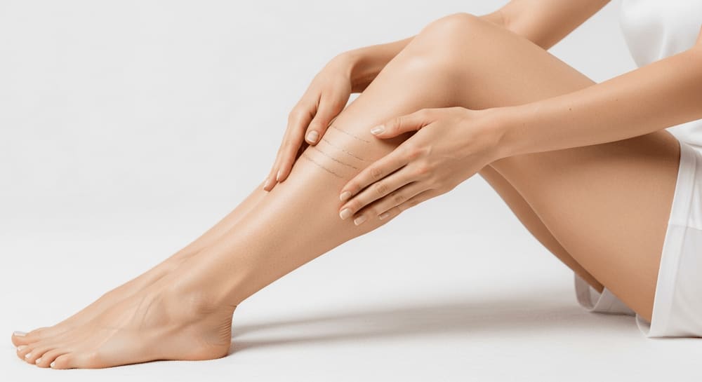 Epilieren für langanhaltend glatte Haut: Eine Frau streicht sanft über ihr seidiges Bein, das Ergebnis einer perfekten Epilation.