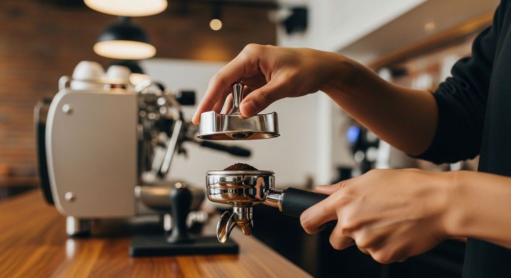 Die ideale Gramm-Menge Kaffee für Espresso wird von einem Barista professionell im Siebträger für die Extraktion vorbereitet.