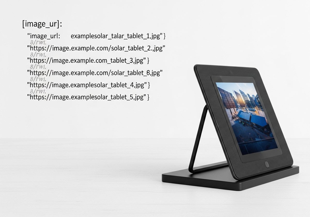 Hände halten ein Tablet mit einem kostenlosen Photovoltaik Rechner, im Hintergrund sind Solarmodule auf einem Dach zu sehen.