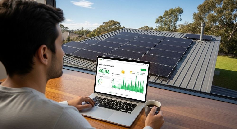 Person nutzt einen kostenlosen Photovoltaik Rechner auf dem Laptop, um das Solarpotenzial der eigenen Solaranlage zu ermitteln.