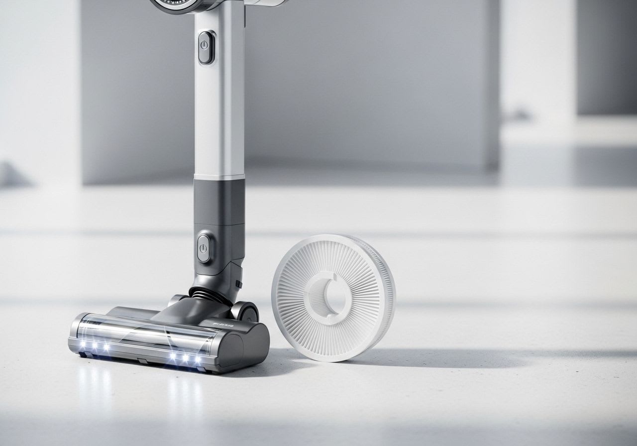 Ein moderner Allergiker Staubsauger mit HEPA-Filter steht auf einem hellen, minimalistischen Untergrund in natürlichem Licht.